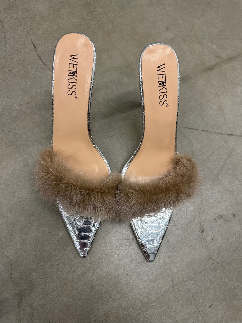 Kiss Silver Croc-Embossed Pointed Mules with Brown Fur Band